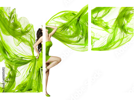 Kobieta tańczy w zielonej sukni, fruwające macha tkaniny - Obraz trzyczęściowy, Tryptyk