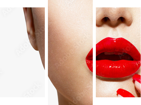 Czerwony seksowny zbliżenie usta i paznokcie. Manicure i makijaż - Obraz trzyczęściowy, Tryptyk