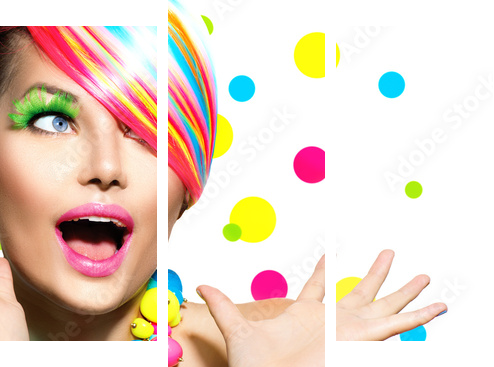 Piękno portret z kolorowym Makeup manicure i fryzurą - Obraz trzyczęściowy, Tryptyk