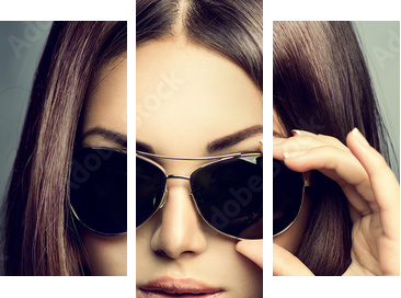 Model piękna dziewczyna z długie brązowe włosy nosi okulary - Obraz trzyczęściowy, Tryptyk