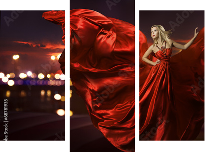 kobieta tańczy w jedwabnej sukni, artystyczny czerwony dmuchanie suknia macha - Obraz trzyczęściowy, Tryptyk