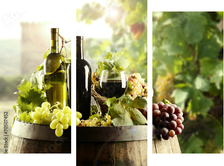 Wino z beczką i winnicą - Obraz trzyczęściowy, Tryptyk