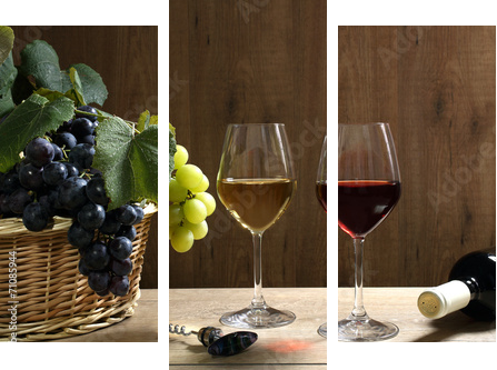 wino dwie szklanki na drewnianym stole - Obraz trzyczęściowy, Tryptyk