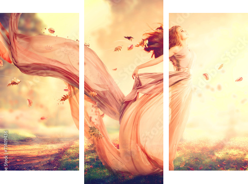 Jesienna dziewczyna fantasy, wróżka w dmuchanie szyfonowa sukienka - Obraz trzyczęściowy, Tryptyk