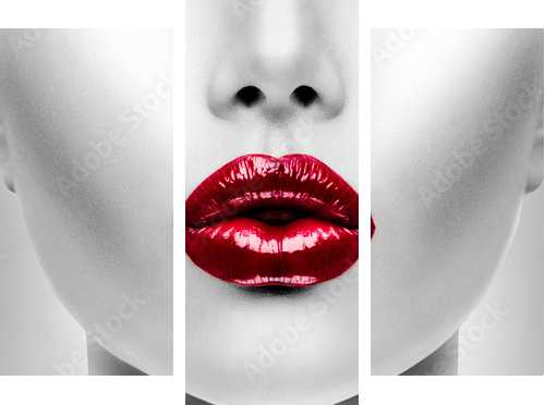 Sexy czerwone usta. Model piękna kobieta zbliżenie twarzy - Obraz trzyczęściowy, Tryptyk