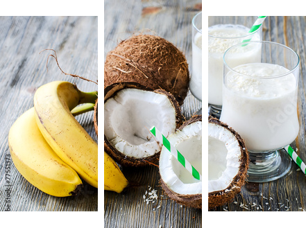 Kokosowego mleka smoothie napój z bananami na drewnianym tle - Obraz trzyczęściowy, Tryptyk