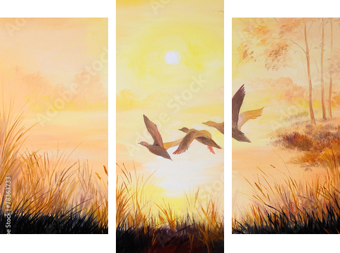 obraz olejny - Dźwigi o zachodzie słońca, dzieła sztuki - Obraz trzyczęściowy, Tryptyk