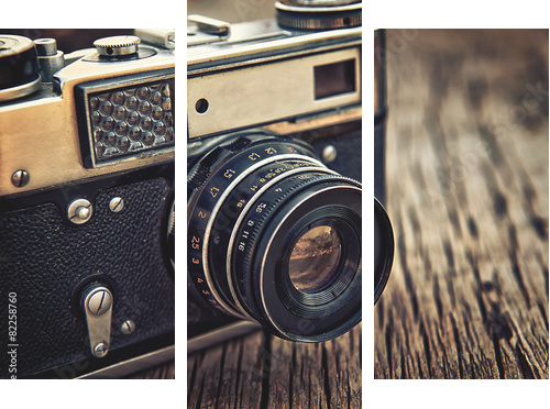 stary vintage zbliżenie kamery na drewniane tła - Obraz trzyczęściowy, Tryptyk