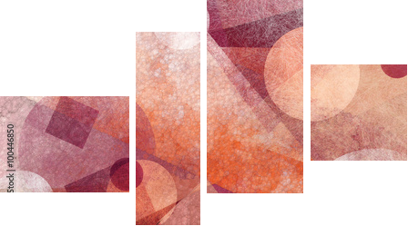 streszczenie nowoczesne geometryczne tło z różnych tekstur i kształtów, pływające koła kwadraty diamenty i trójkąty w kolorach pomarańczowym białym i bordowym różowym, układ kompozycji artystycznej - Obraz czteroczęściowy, Fortyk