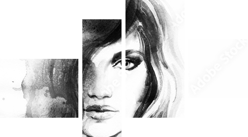 Piękna kobieta portret. Streszczenie moda akwarela ilustracja - Obraz czteroczęściowy, Fortyk