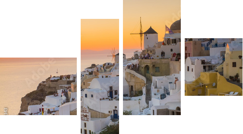 piękny zachód słońca na Santorini w Grecji, morze, zachód słońca, białe greckie domy wieczorem - Obraz czteroczęściowy, Fortyk