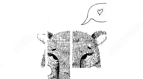 Ręcznie rysowane słodki Miś ręcznie ilustracji. Szkic tuszem z dzikiego zwierzęcia - niedźwiedź z muszką, policzki i dymek z sercem - Obraz czteroczęściowy, Fortyk