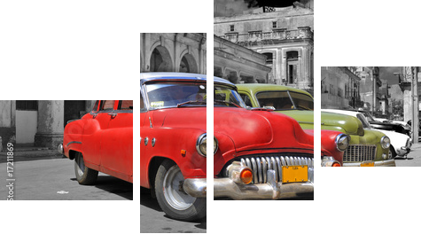 Kolorowa panorama samochodów Hawana - Obraz czteroczęściowy, Fortyk