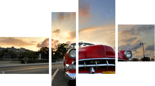 Czerwony samochód w Hawanie słońca - Obraz czteroczęściowy, Fortyk