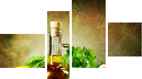 Zdrowe warzywa i oliwa z oliwek.Vintage w stylu - Obraz czteroczęściowy, Fortyk