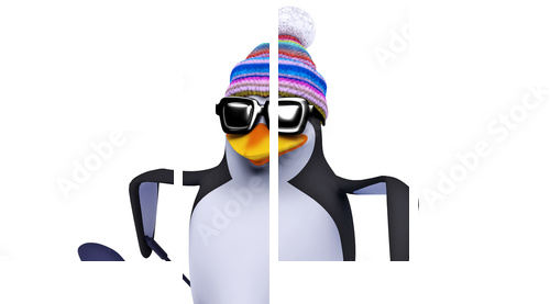 Sporty zimowe - pingwin na nartach - Obraz czteroczęściowy, Fortyk