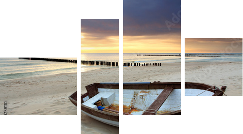 Łódź na pięknej plaży w wschodzie słońca - Obraz czteroczęściowy, Fortyk