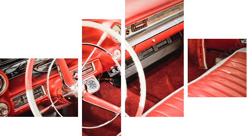 klasyczne wnętrze samochodu z czerwoną skórzaną tapicerką - Obraz czteroczęściowy, Fortyk
