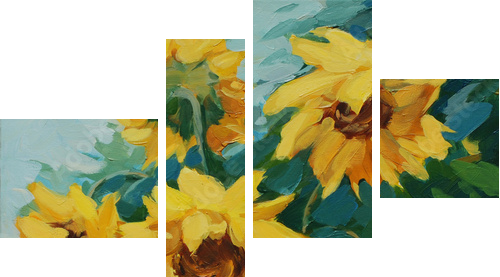 pole z słoneczniki narysowane na płótnie oleju, ilustracja, ból - Obraz czteroczęściowy, Fortyk
