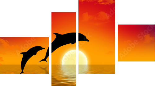 ilustracja dwóch delfinów pływanie w zachodzie słońca - Obraz czteroczęściowy, Fortyk