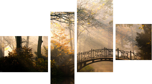 Jesień - Stary most jesienią mglisty park - Obraz czteroczęściowy, Fortyk