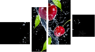 Wiśnie w plusk wody, samodzielnie na czarnym tle - Obraz czteroczęściowy, Fortyk