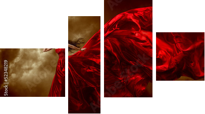 Kobieta macha piękną suknię z latającą tkaniną w czerwieni - Obraz czteroczęściowy, Fortyk