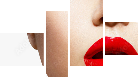 Czerwony seksowny zbliżenie usta i paznokcie. Manicure i makijaż - Obraz czteroczęściowy, Fortyk
