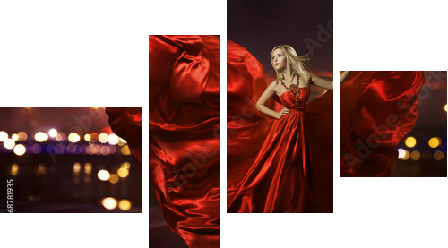 kobieta tańczy w jedwabnej sukni, artystyczny czerwony dmuchanie suknia macha - Obraz czteroczęściowy, Fortyk