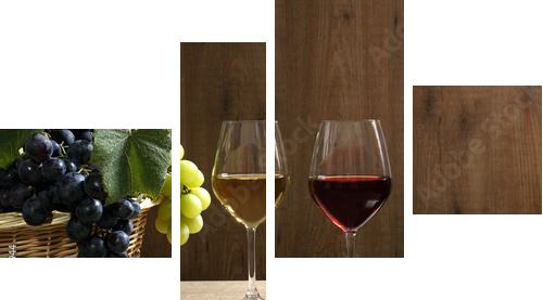 wino dwie szklanki na drewnianym stole - Obraz czteroczęściowy, Fortyk