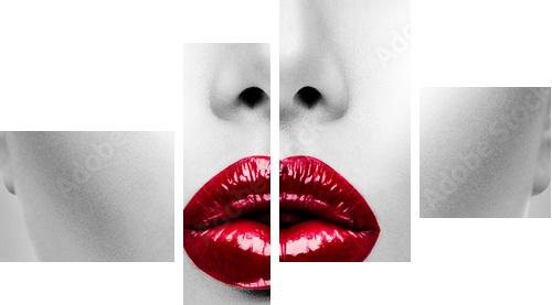 Sexy czerwone usta. Model piękna kobieta zbliżenie twarzy - Obraz czteroczęściowy, Fortyk