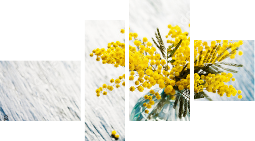 Bukiet mimozy (srebny chrustowy) w wazie na drewnianym tle - Obraz czteroczęściowy, Fortyk