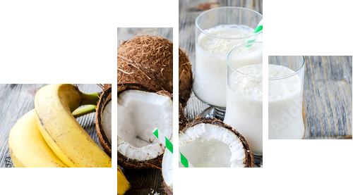 Kokosowego mleka smoothie napój z bananami na drewnianym tle - Obraz czteroczęściowy, Fortyk