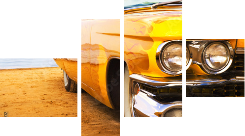 Klasyczny żółty płomień malowane Cadillac na plaży - Obraz czteroczęściowy, Fortyk