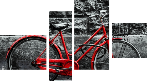 Retro rocznika czerwony rower na czarny i biały ścianie. - Obraz czteroczęściowy, Fortyk
