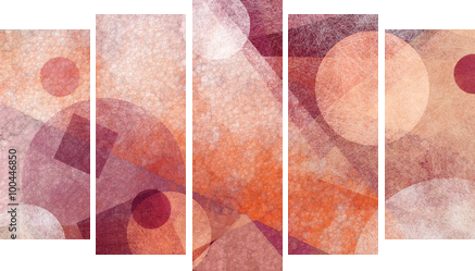 streszczenie nowoczesne geometryczne tło z różnych tekstur i kształtów, pływające koła kwadraty diamenty i trójkąty w kolorach pomarańczowym białym i bordowym różowym, układ kompozycji artystycznej - Obraz pięcioczęściowy, Pentaptyk