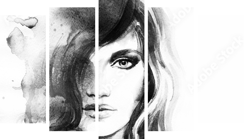 Piękna kobieta portret. Streszczenie moda akwarela ilustracja - Obraz pięcioczęściowy, Pentaptyk