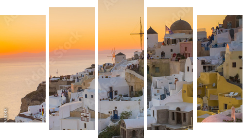 piękny zachód słońca na Santorini w Grecji, morze, zachód słońca, białe greckie domy wieczorem - Obraz pięcioczęściowy, Pentaptyk