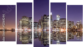 Panoramę Nowego Jorku i refleksji w nocy - Obraz pięcioczęściowy, Pentaptyk