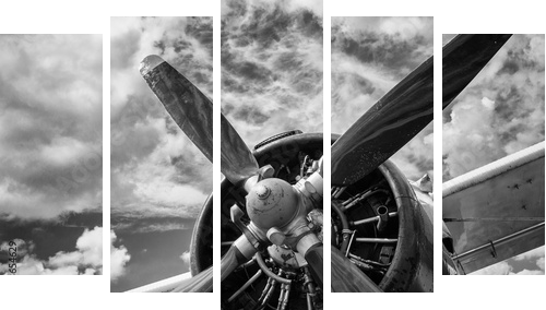Zamyka up stary samolot w czarny i biały - Obraz pięcioczęściowy, Pentaptyk