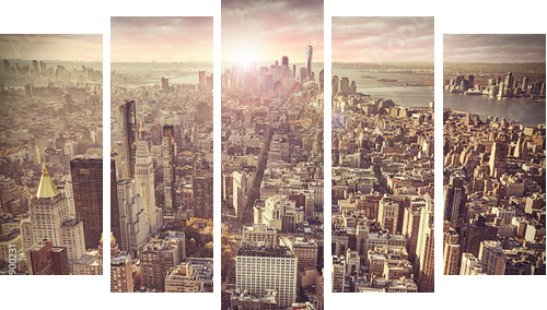 New York city skyline, wschód słońca w tle. - Obraz pięcioczęściowy, Pentaptyk