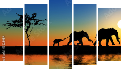 Wschód słońca na Safari - Obraz pięcioczęściowy, Pentaptyk
