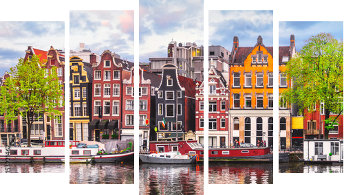 Amsterdam Holandia tańczące domy nad rzeką Amstel landmark - Obraz pięcioczęściowy, Pentaptyk