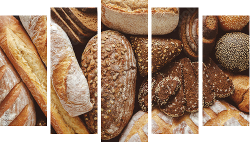 Chleb tła, widok z góry bochenków biały, czarny i żytni - Obraz pięcioczęściowy, Pentaptyk