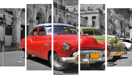 Kolorowa panorama samochodów Hawana - Obraz pięcioczęściowy, Pentaptyk