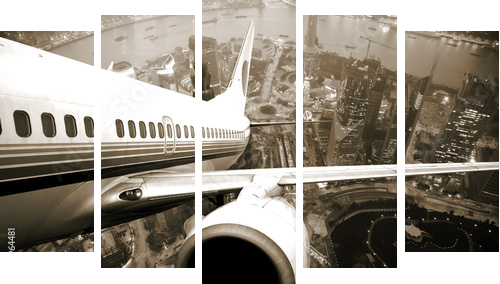 Lot w przestworza – samolot nad miastem - Obraz pięcioczęściowy, Pentaptyk