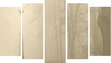czerwona ławka we mgle - Obraz pięcioczęściowy, Pentaptyk