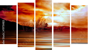 wschód słońca jezioro mono - Obraz pięcioczęściowy, Pentaptyk
