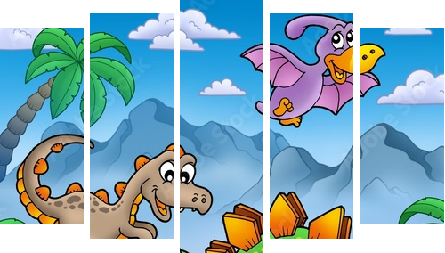 Krajobraz z dinozaurami 2 - Obraz pięcioczęściowy, Pentaptyk
