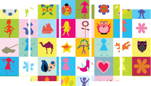 Symbole dzieciństwa – kolorowa plansza - Obraz pięcioczęściowy, Pentaptyk